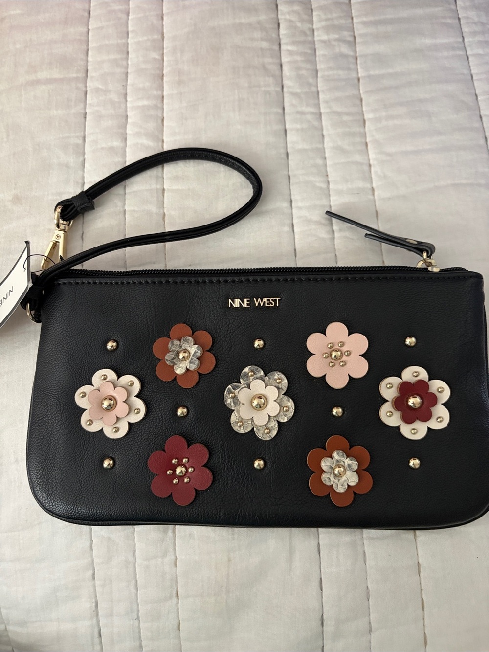 Nine West Black Floral Appliqué Wristlet with Mixed Colored Flowers